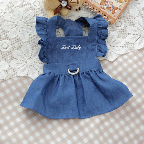 Pet Bichon Cat Poodle Dog Clothes Spring/Summer Dress Imitation Denim Dress with Traction Buckle Towing Ring