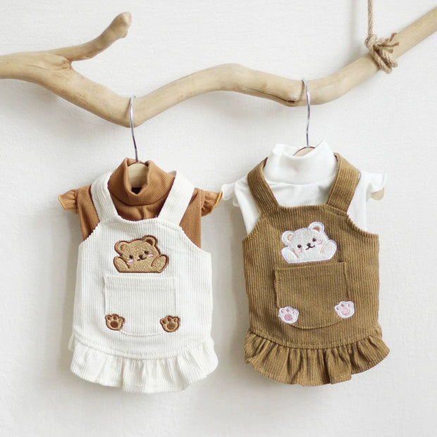 Numi Pet Spring and Autumn Bear Embroidery Cotton Flounced Sleeve Corduroy Suspender Skirt Cat Dog Clothes Teddy Korean Style