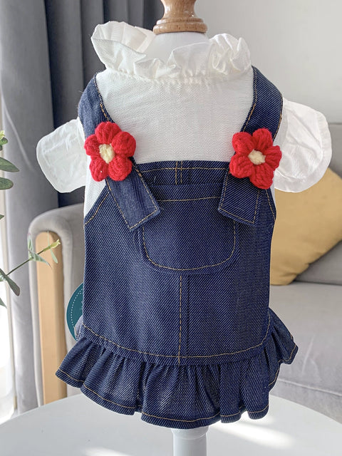 Dog Clothes Bichon Pet Cat Squint Teddy/Pomeranian Schnauzer Denim Puppy Cat Cute Dress Princess Dress