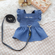 Pet Bichon Cat Poodle Dog Clothes Spring/Summer Dress Imitation Denim Dress with Traction Buckle Towing Ring