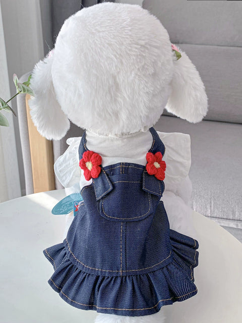 Dog Clothes Bichon Pet Cat Squint Teddy/Pomeranian Schnauzer Denim Puppy Cat Cute Dress Princess Dress