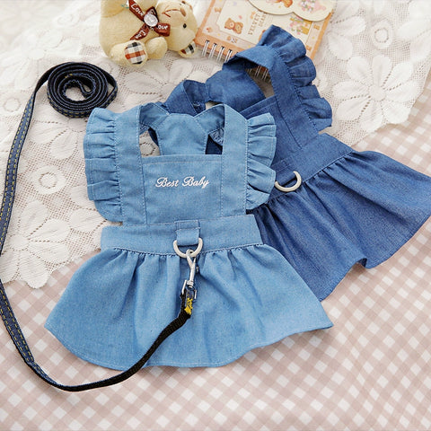 Pet Bichon Cat Poodle Dog Clothes Spring/Summer Dress Imitation Denim Dress with Traction Buckle Towing Ring