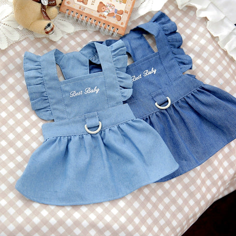 Pet Bichon Cat Poodle Dog Clothes Spring/Summer Dress Imitation Denim Dress with Traction Buckle Towing Ring