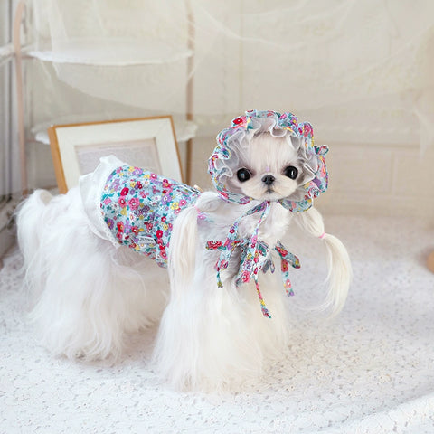 Taotao Petal Internet Celebrity Sling Floral Dress Pet Clothes Spring and Summer Teddy/Pomeranian Pony Dog Princess Style