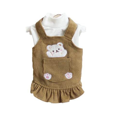 Numi Pet Spring and Autumn Bear Embroidery Cotton Flounced Sleeve Corduroy Suspender Skirt Cat Dog Clothes Teddy Korean Style