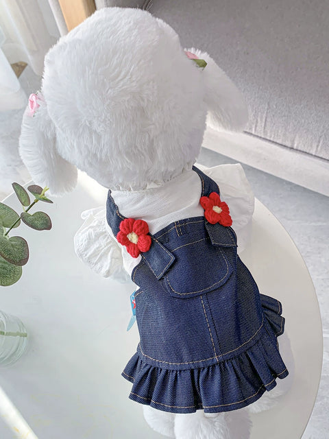 Dog Clothes Bichon Pet Cat Squint Teddy/Pomeranian Schnauzer Denim Puppy Cat Cute Dress Princess Dress