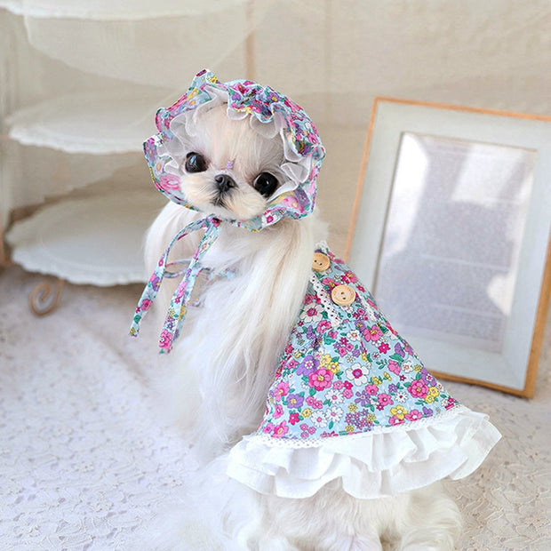 Taotao Petal Internet Celebrity Sling Floral Dress Pet Clothes Spring and Summer Teddy/Pomeranian Pony Dog Princess Style