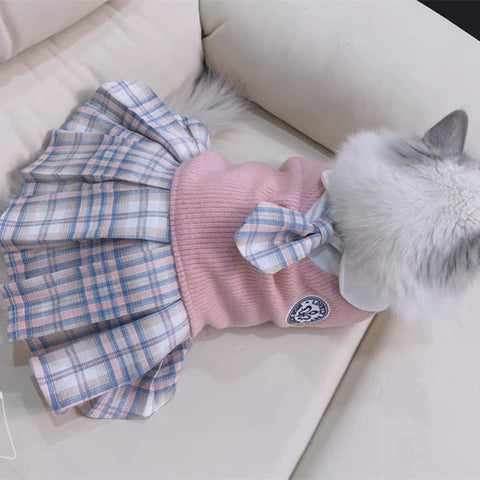 Cat Clothes Fall and Winter Anti-Lint Pet Dog Kitten Cat Skirt Princess Style Ragdoll Cat Blue and White JK