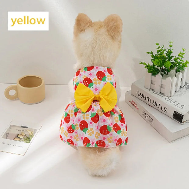 Dog Princess Dress Print Summer with Bowknot Button Sweet Cute Puppy Cat Skirt Thin Pets Wedding Party Chihuahua Clothes