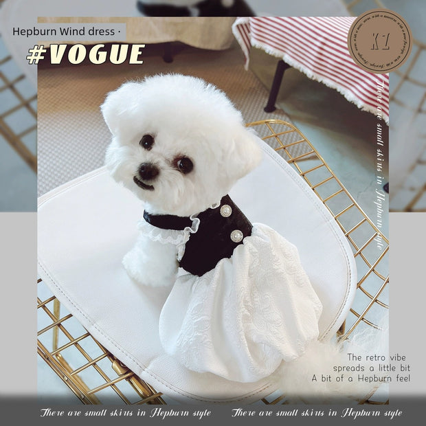 KZ Retro Hepburn Style Black and White Skirt Pet Milk Dog Teddy Bichon Small Puppies Clothes Spring and Autumn Clothing