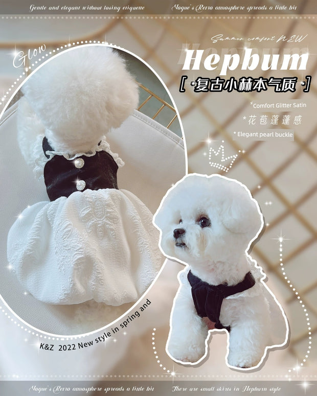 KZ Retro Hepburn Style Black and White Skirt Pet Milk Dog Teddy Bichon Small Puppies Clothes Spring and Autumn Clothing