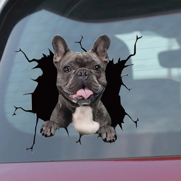 Car Sticker Auto Rear Window Puppy Broken Window Stickers Electrostatic 3D Simulation French Bulldog Car Stickers Vinyl Decals