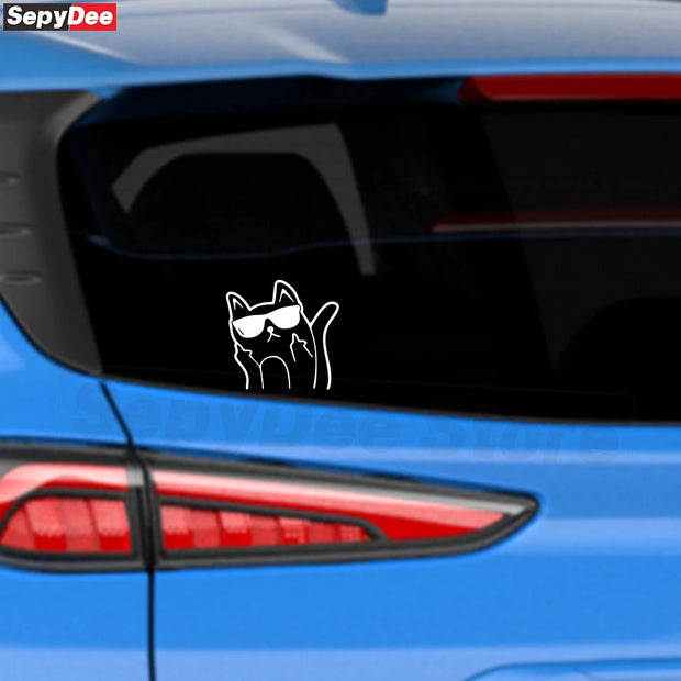 Car Rear Window Stickers Funny Cartoon Cat With Sunglasses Despise Taunt Middle Finger Personality Body Reflective Vinyl Decals